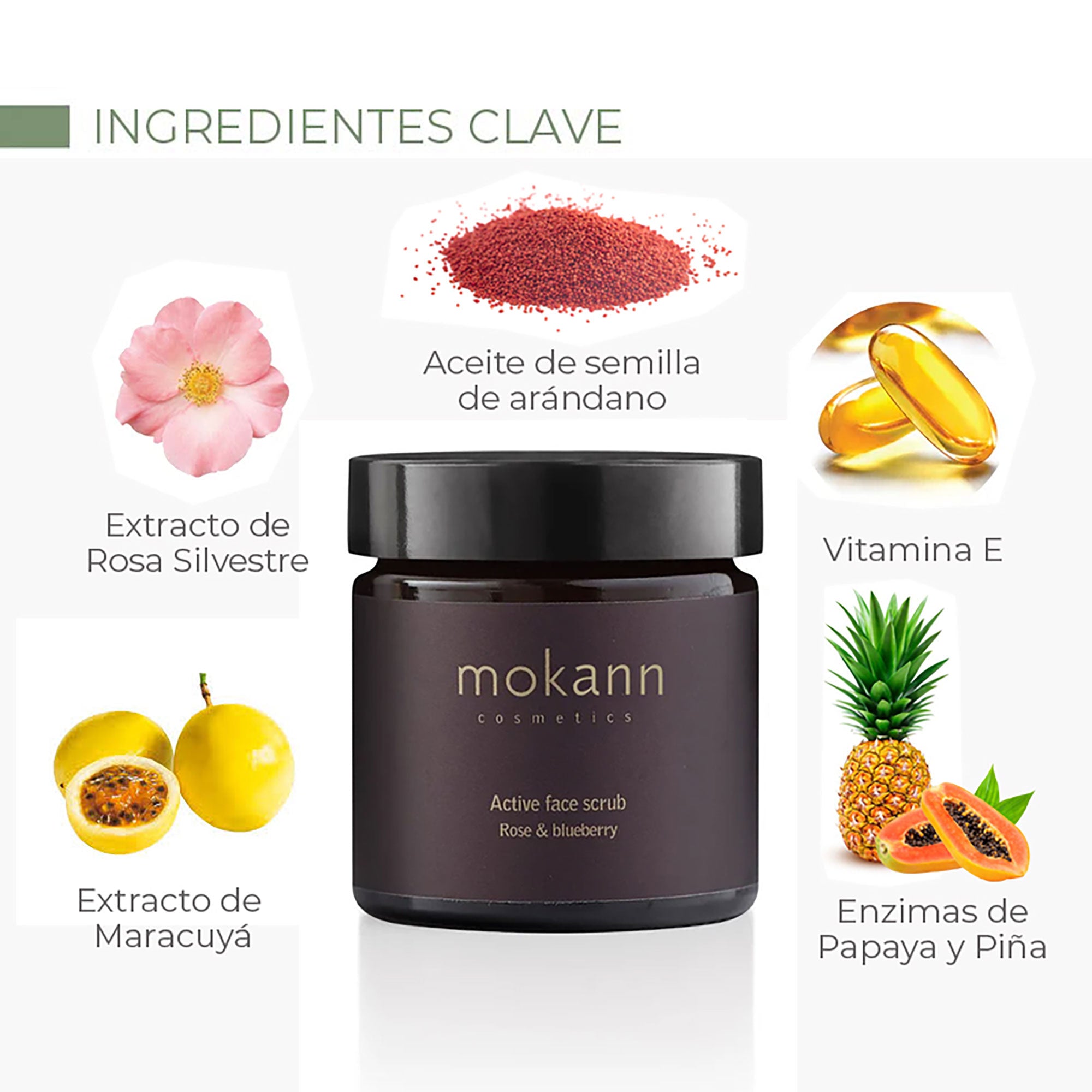 Exfoliante facial activo de rosas y arándanos.