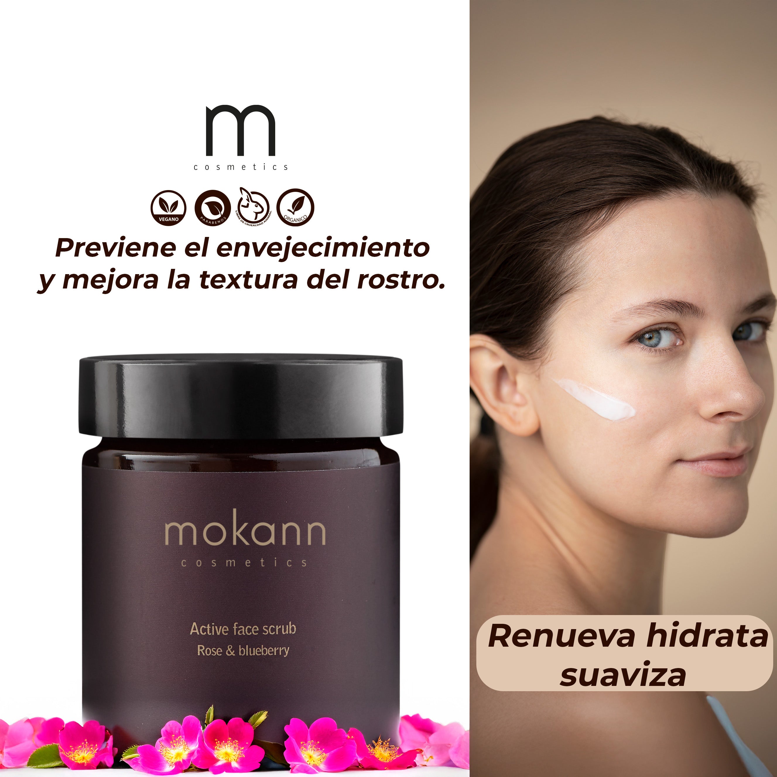 Exfoliante facial activo de rosas y arándanos.