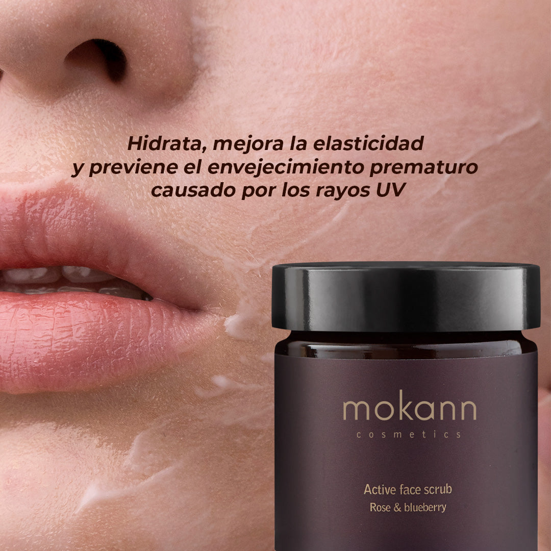 Exfoliante facial activo de rosas y arándanos.