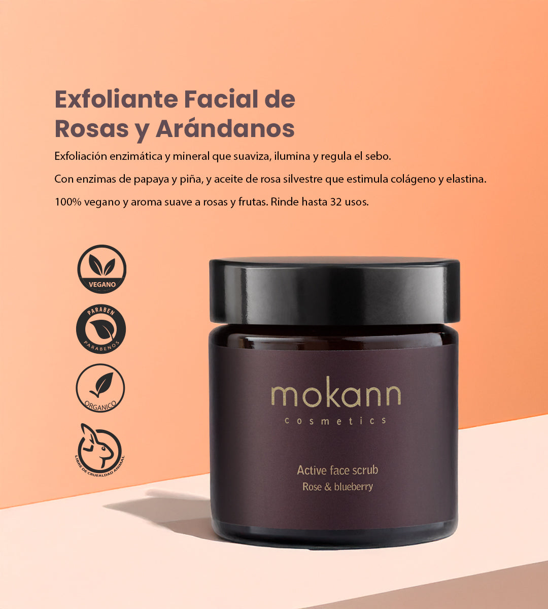 Exfoliante facial activo de rosas y arándanos.