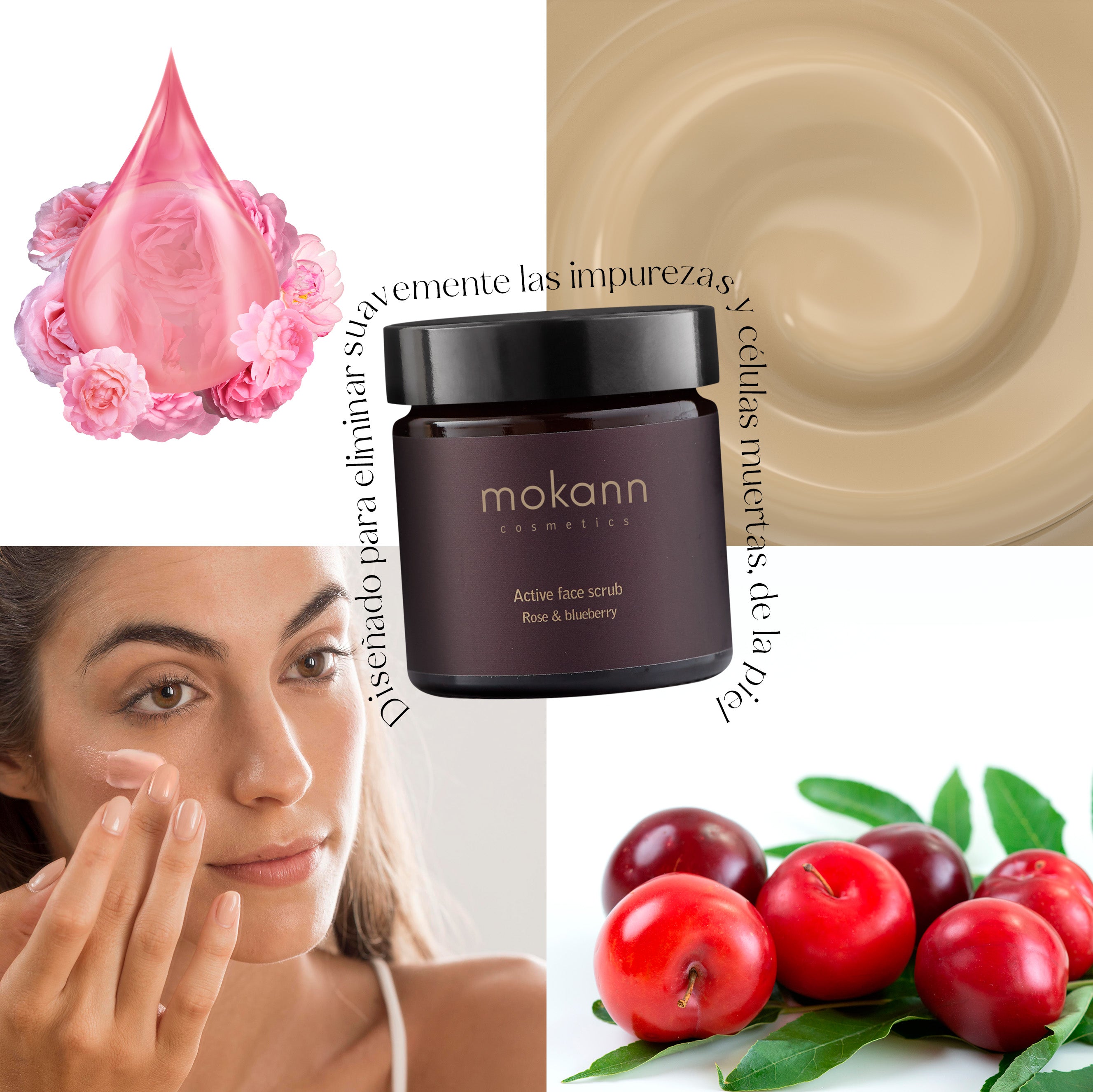 Exfoliante facial activo de rosas y arándanos.